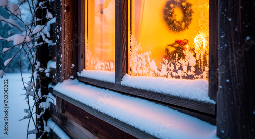 Cozy winter scene: a snow-covered window reflects warmth from within, creating a serene and inviting ambiance against the snowy outdoors.