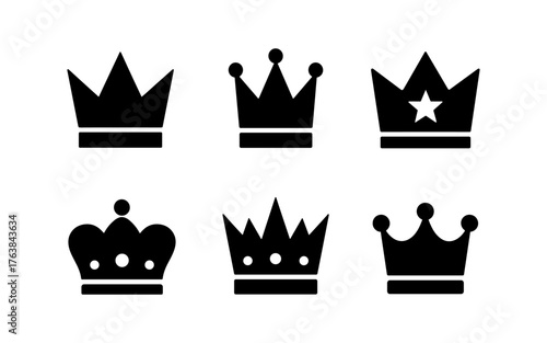 Set of six black crown silhouettes with minimalist design