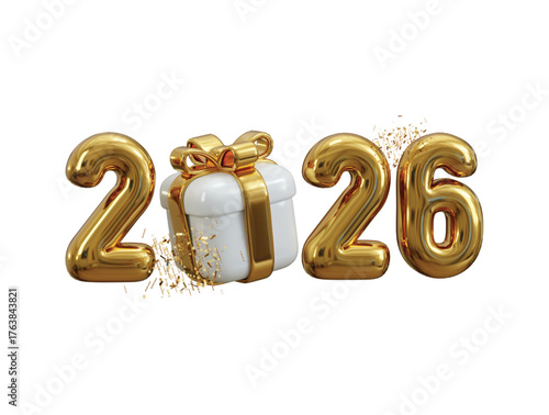2026 Happy New Year 3d render concept of gift box with 2026 Golden metal number 3d render vector illustration