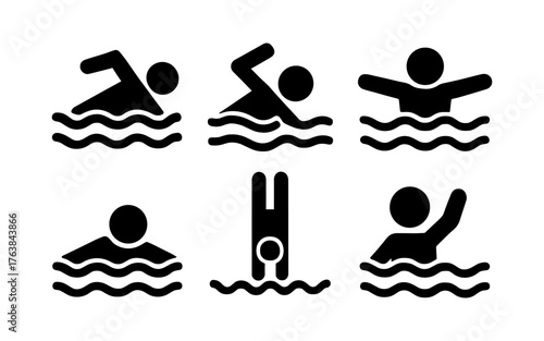 Swimming icon set featuring various stroke styles in silhouette design