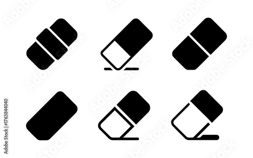 Set of black and white eraser icons in minimal silhouette style for office and school supplies