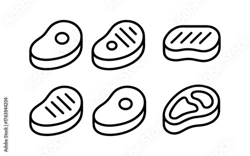 Grilled steak icons set: minimalistic black outline collection of meat cuts