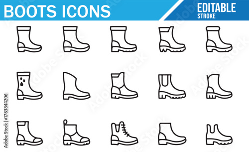 Footwear outline icons collection with ankle, knee, and safety boots