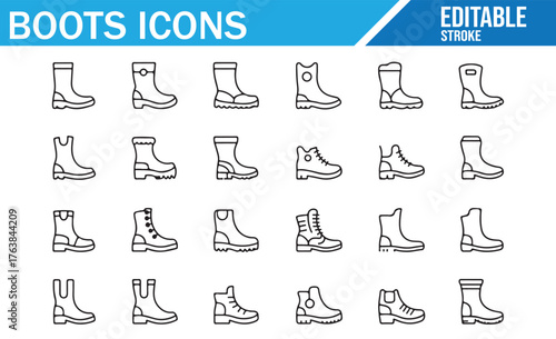Hiking, cowboy, and work boot symbols, editable stroke vector pack