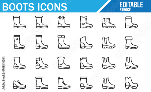 Set of boots icons, black and white footwear collection, outline vector illustration of ankle, knee, cowboy, hiking, work and safety shoes, minimal editable stroke symbols for fashion and outdoor desi