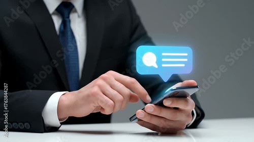 Person in Dark Suit Using a Phone with Glowing Message Bubble On Gray Background Desk Top Down View