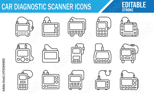 Black and white car diagnostic equipment symbols for service illustration
