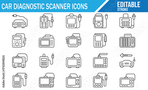 Automotive maintenance and repair scanner line art vector pack for design