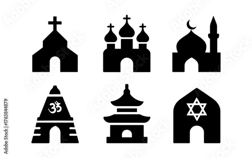 Silhouette icons of diverse religious buildings for cultural design