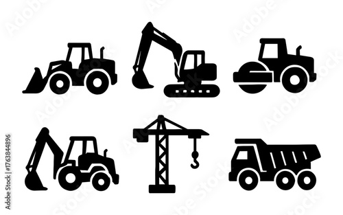 Construction vehicle silhouettes: excavator, crane, bulldozer, dump truck, roller, backhoe