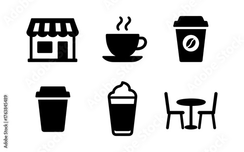 Collection of coffee shop icons in black silhouette style