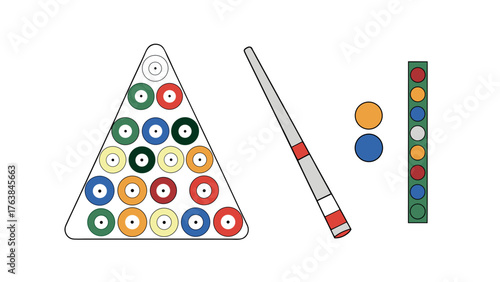 Cue Sport Still Life: A meticulously arranged collection of billiard equipment, including a full rack of numbered balls, a cue stick, and a scoring device.