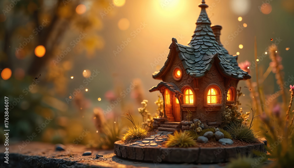Fototapeta premium Miniature cottage with glowing windows surrounded by nature. Warm light shines through. Fairytale, dreamlike scene evoking magic. Artistic render for fantasy illustration projects