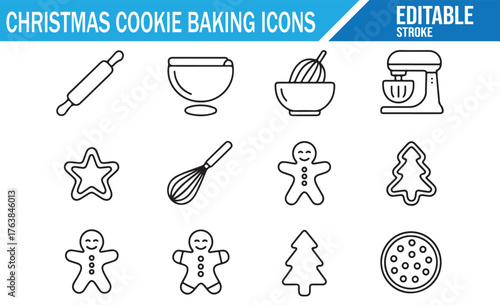 Editable stroke baking tools and Christmas cookie outline vector art