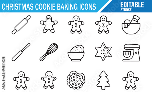 Christmas kitchen utensil and cookie icon pack, vector line illustration