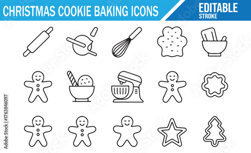 Outline vector of Christmas cookie baking icons with gingerbread and tools