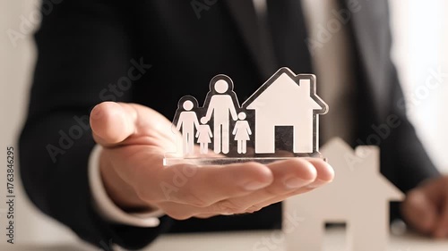 Insurance Protection Concept Businessman in Black Suit Holding Family and House Miniature White Home Design in Palm of Hand on White Background