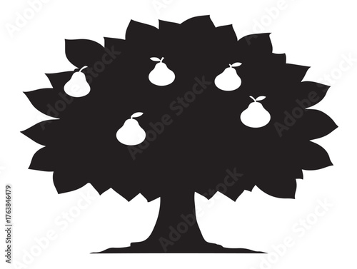 Fruitful pear tree silhouette vector line art in solid black