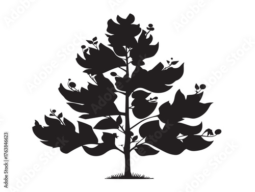 Tall poplar tree silhouette vector line art in solid black