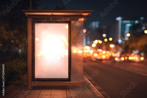 City bus stop illuminated at night with a glowing advertisement and blurred city lights in the background
