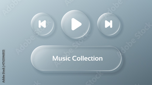 Volume music glass morphism panel for application or web design. Liquid glass vector media player with user interface elements.