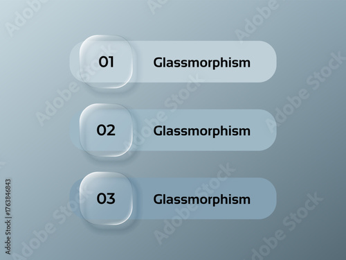Abstract glassmorphism infographic with three steps labeled 01, 02, 03. Modern transparent design for presentation or concept. Business visualization.