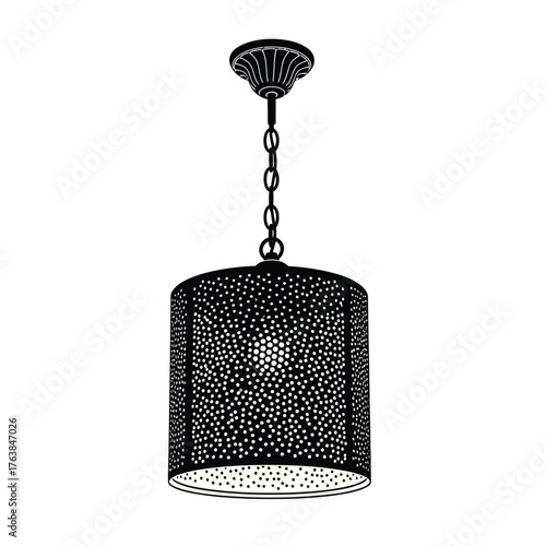 Elegant black pendant light fixture with intricate perforated drum shade and metal chain silhouette