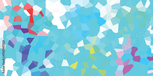 Vibrant abstract mosaic with bright cyan, white, red, and yellow geometric shapes forming a lively and colorful textured background for creative projects