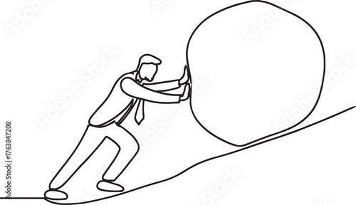 Minimalist Line Art of Businessman Moving Rock Depicting Motivation and Hard Work on White Background
