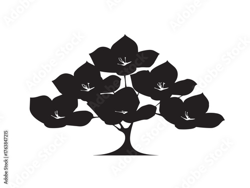 Flowering peach tree silhouette vector line art illustration