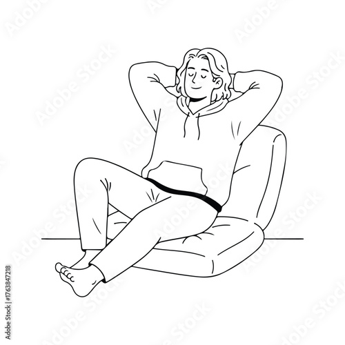Minimal line art of a man sitting comfortably on a sofa chair with a satisfied smile
