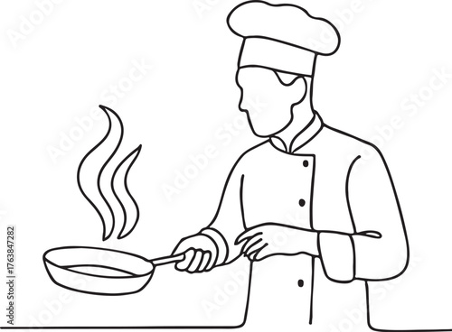 Single Line Drawing of Chef Cooking with Frying Pan Creative Kitchen Illustration on White Background