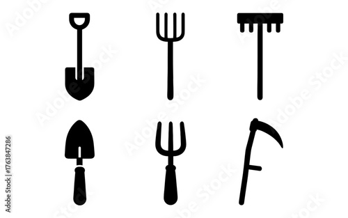 Gardening tools silhouette icons: shovel, rake, fork, trowel, scythe collection
