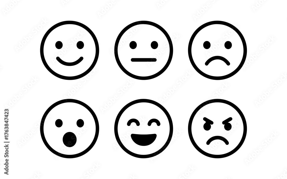 Fototapeta premium Minimalist emoji faces displaying six different emotions in black line art