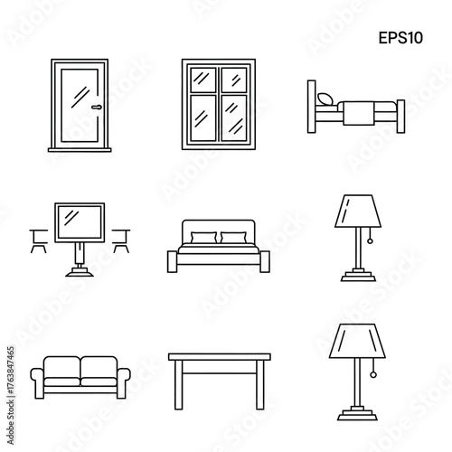 Interior Design Icons: A meticulously crafted collection of minimalist line icons representing essential elements of interior design, suitable for any design project.