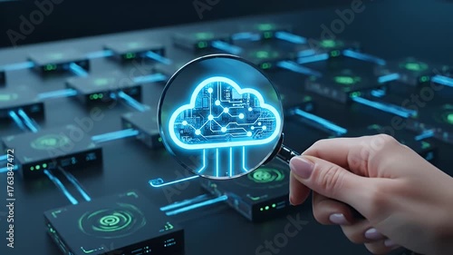 Magnifying Glass on Blue Cloud Icon Over Black Servers in a Dark Room Focus on Cloud Technology and Data Centers Concept Optimized For Adobe Stock