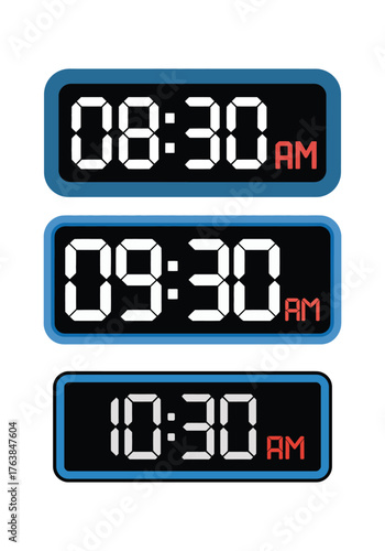 Three digital clocks showing 830 A M 930 A M and 1030 A M time alarm clock