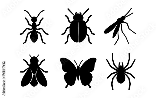 Insect silhouettes collection: ant, beetle, mosquito, fly, butterfly, spider