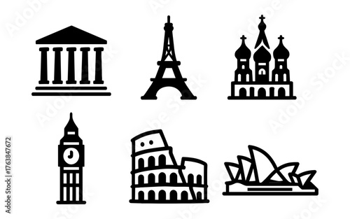 Icon set of famous global landmarks in flat silhouette style