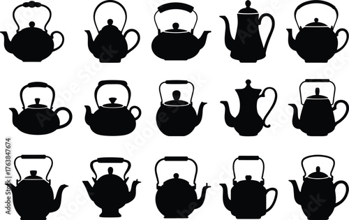 Silhouette teapot collection, vintage kettle icons, classic tea pot shapes, retro kitchenware design, black teapot outline set, traditional tea brewing utensil silhouettes