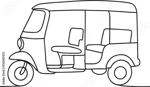Continuous Line Art of Tuk Tuk Three Wheeler Street Taxi Transportation Design