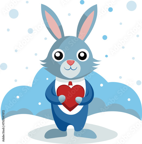 Adorable blue bunny holding a red heart in a snowy winter scene