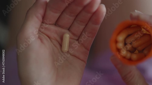 Medication Tablets, Capsules From Medicine Bottle. Antidepressant Headache Soporific Antibiotic. Medical Insurance Medicare. Vitamins And Supplements. Pouring Pills From Prescription Medicine Bottle.