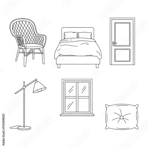 Furnishing Elements: Illustrative rendering of a curated set of home decor elements, emphasizing form and function, perfect for design concepts.