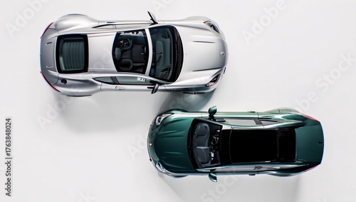 Two sleek sports cars one silver and one dark green viewed from directly above on a white background