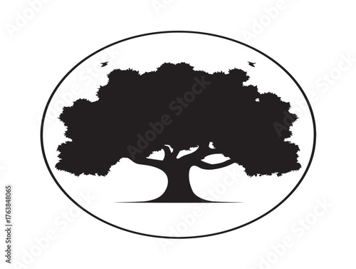 Circular frame with a single tree silhouette vector line art icon