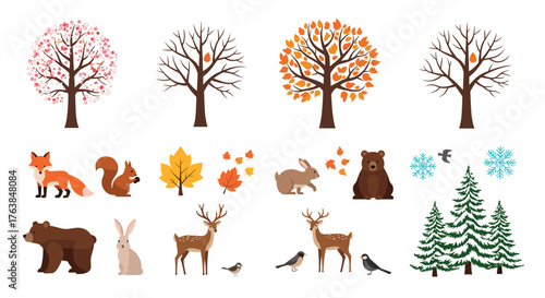 Seasonal Trees and Wildlife Illustration Depicting Natures Beauty.
