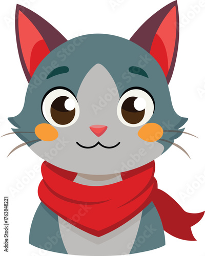 Adorable cartoon cat with big eyes and a red scarf looking forward