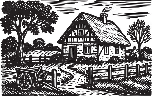 Rural farmhouse with thatched roof surrounded by trees and fields in black and white linocut etching style rustic European countryside illustration ideal for organic packaging or label art