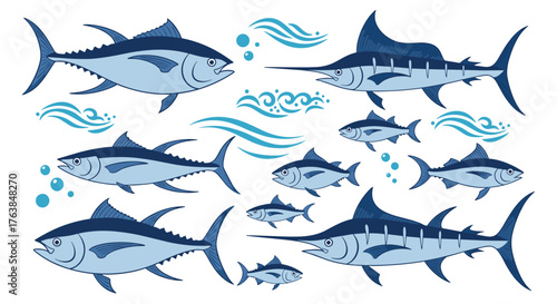 Various fish species swimming in the deep ocean waters.
